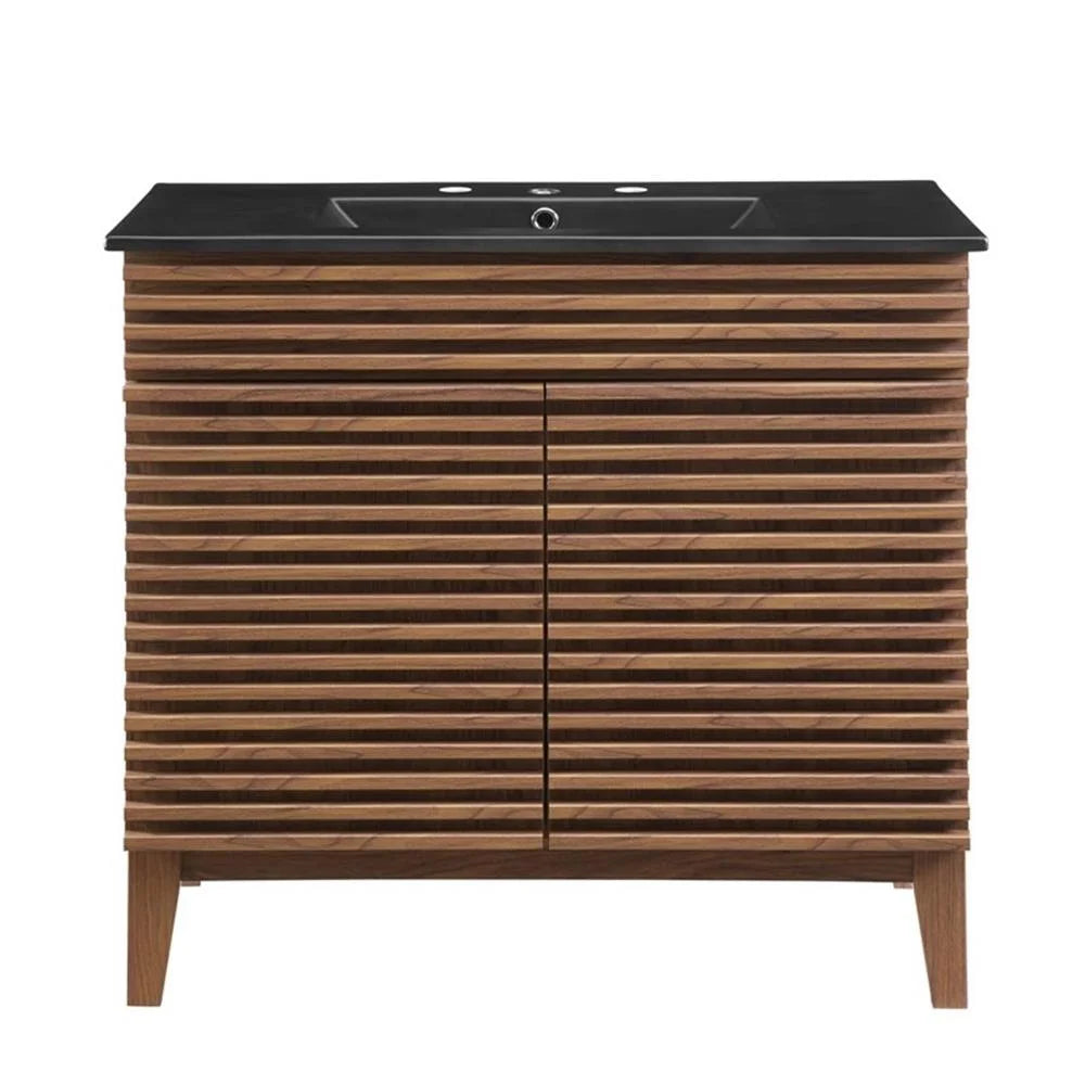 Pemberly Row Modern Wood/Ceramic Bathroom Vanity in Walnut/Black