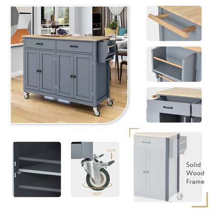 Harper & Bright Designs Rolling Kitchen Island Cart with Solid Wood Top and Locking Wheels, 4 Door, Storage Cabinet and Two DrawersSpice Towel Rack, Blue