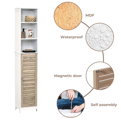 Tall Bathroom Storage Cabinet with Open Shelves and Vented Door, Slim Linen Cabinet for Compact Bathroom Organization, White and Oak Finish - Stockholm Collection