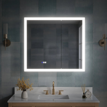 ANGELES HOME 36" x 32" LED Lighted Bathroom Medicine Cabinet with Mirror, 3X Magnification Makeup Mirror, Vanity Mirror Cabinet w/Defogger, Dimmable, Memory Function, Outlets & USB