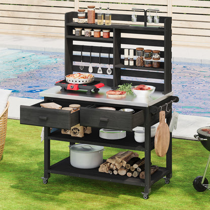 Euroco 64.9"H Outdoor Potting Bench Table with Lockable Wheels, Solid Wood Outdoor Kitchen Island with Upper Hutch, Stainless Steel Top, Towel Rack ,Outdoor Storage for Grilling, Lawn Garden -Black