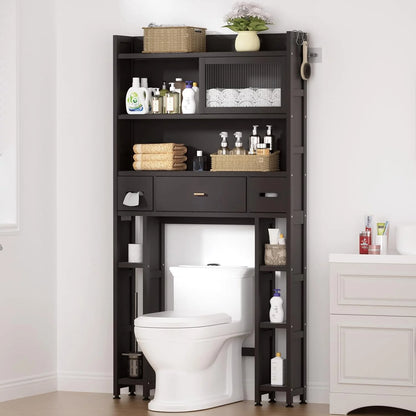 Over The Toilet Storage Cabinet with Acrylic Sliding Door Panel, Bamboo Organizer Shelf with 2 Paper Drawers and 1 Big Drawer,Space Saver Rack for Bathroom (White)