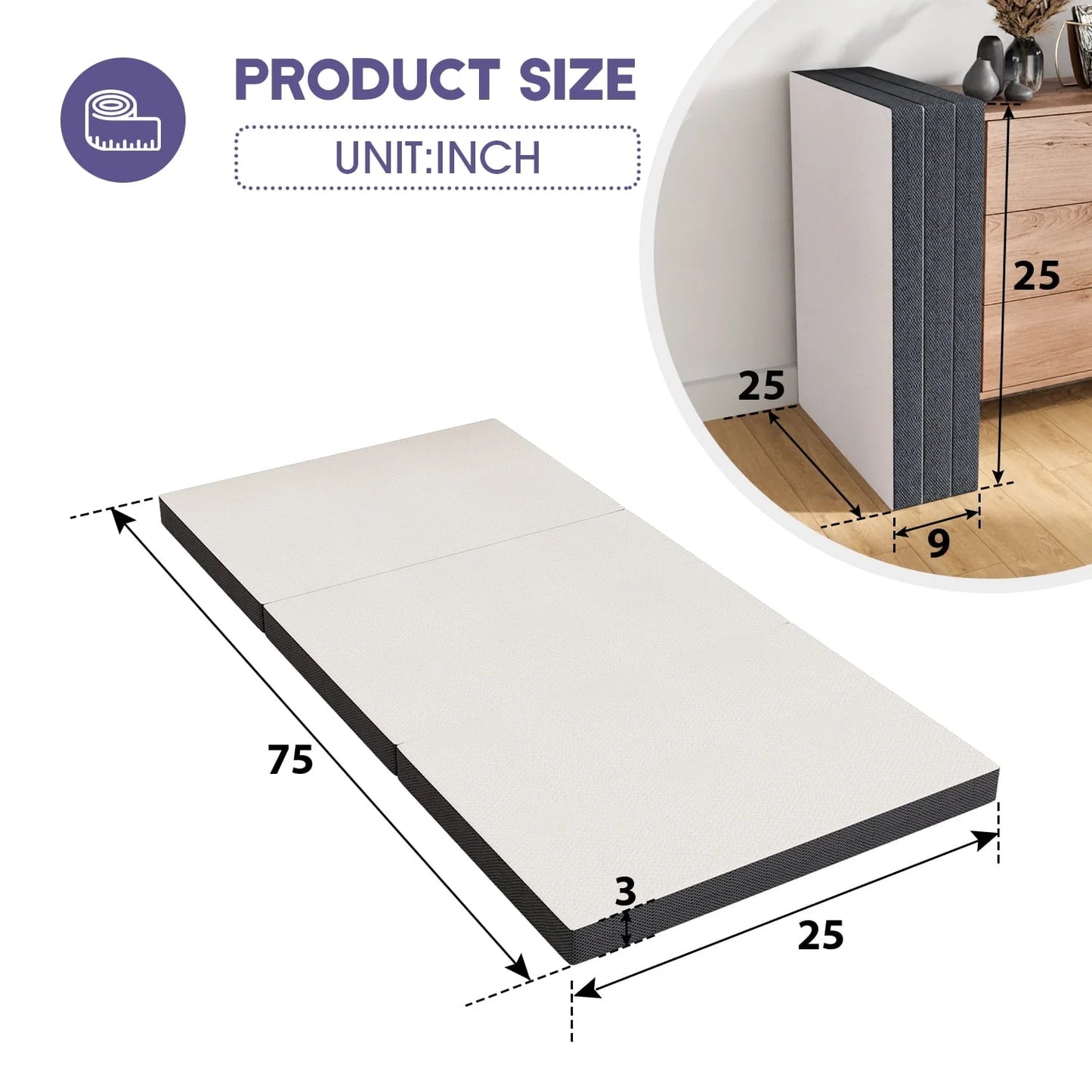 YRLLENSDAN 3 Inch Single Mattress, Floor Mattress Foldable Bed with Washable Cover Non-Slip Bottom for Camping Folding Mattress Trifold Mattress Foldable Mattress Single Size, 75" x 25" x 3"