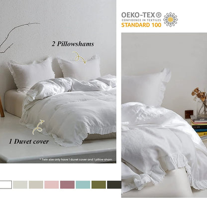 Simple& Opulence 100% Washed Linen Duvet Cover Set-3 Pieces Shabby Chic Premium Ruffled Bedding with 1 Comforter Cover and 2 Pillowshams France Flax High End Frill Sets Vintage Style(King, White)