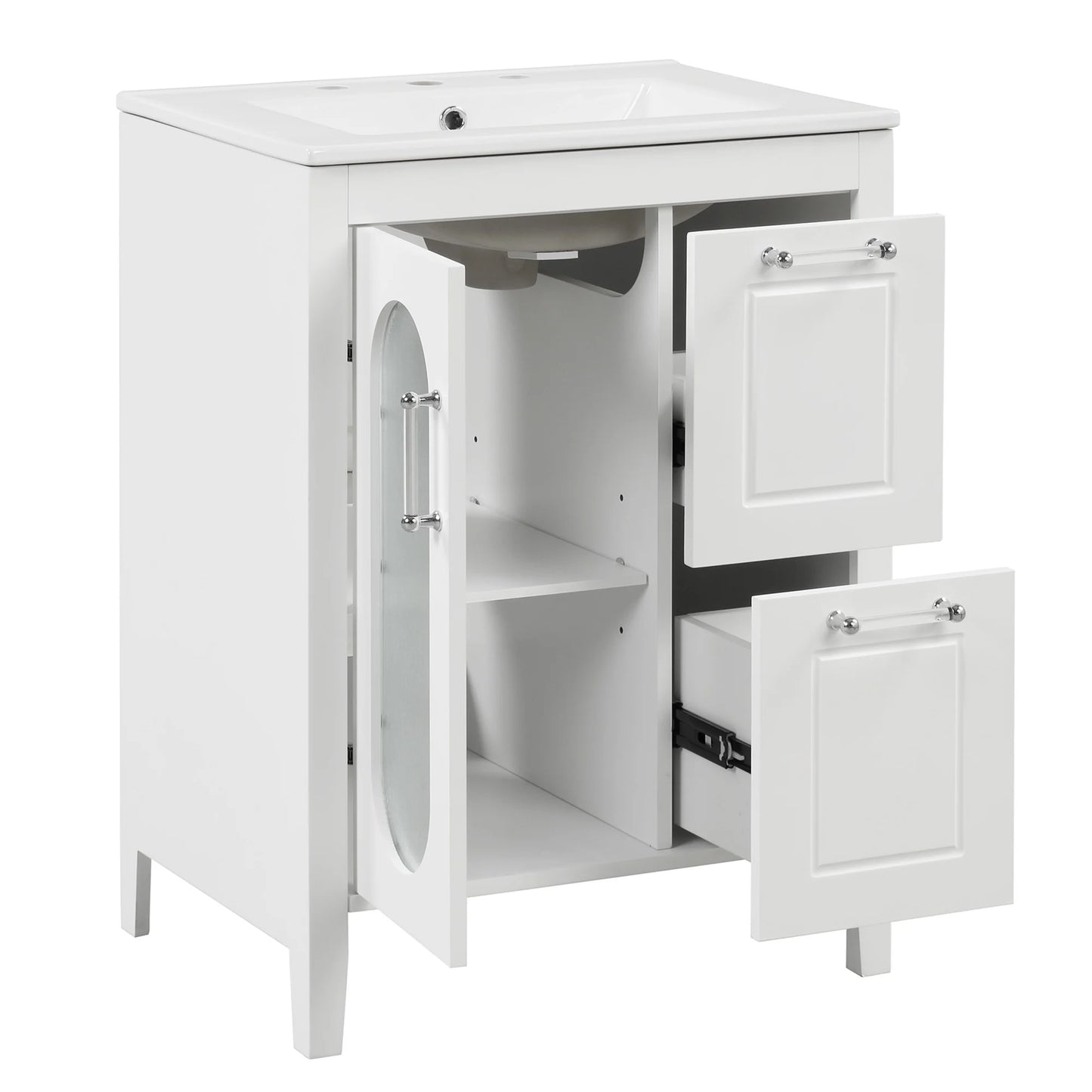 Soges 24" Bathroom Vanity with Ceramic Sink, Solid Wood Bathroom Makeup Cabinet with Door, Adjustable Shelf and 2 Drawer, Free Standing Single Basin Vanity Set for Small Bathroom, White