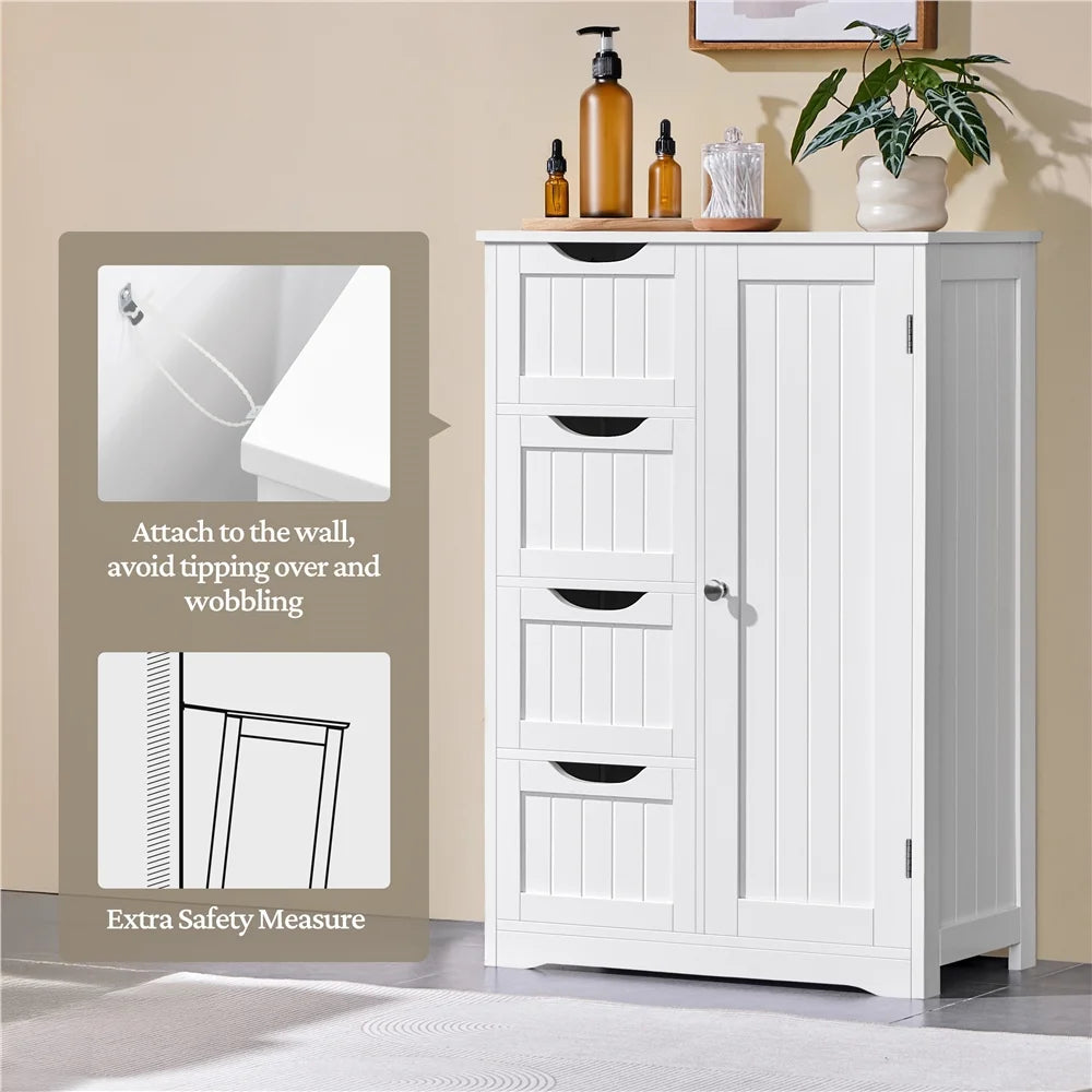 Yaheetech Wooden Cabinet Storage Unit with 4 Drawers & Cupboard for Bathroom, White