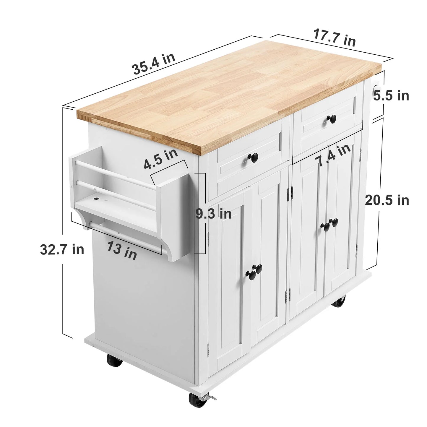 BENTISM 35.4" Kitchen Island on Wheels Cart Rubber Solid Wood Countertop Rolling Storage Cabinet with 2 Drawers & Spice Rack & Towel Holder, White