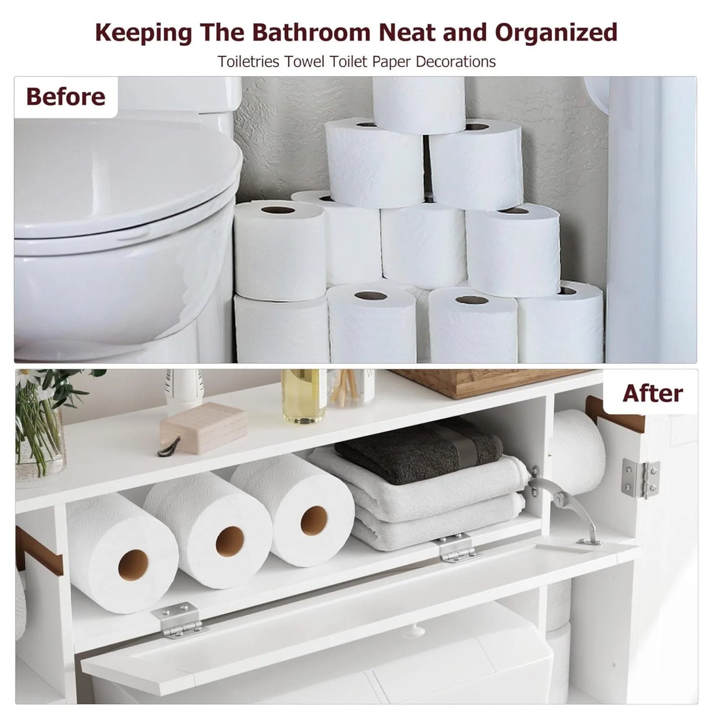 Over The Toilet Storage Cabinet, Bathroom Space Saver with Paper Holder and Adjustable Shelves, Freestanding Toilet Cabinet Organizer with 2 Side Doors and Pull-Down Door, White