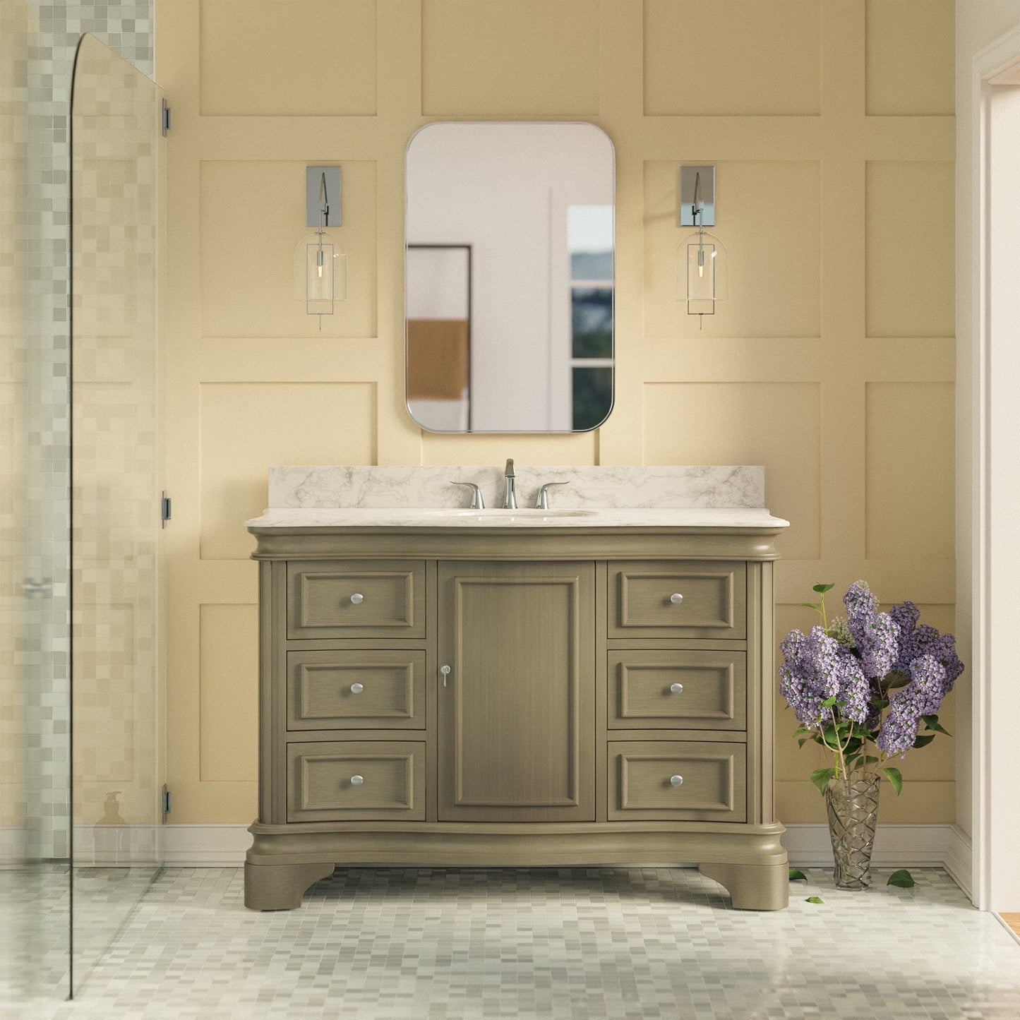 Katherine 48" Bathroom Vanity with Royal Blue Cabinet and Carrara Marble Top