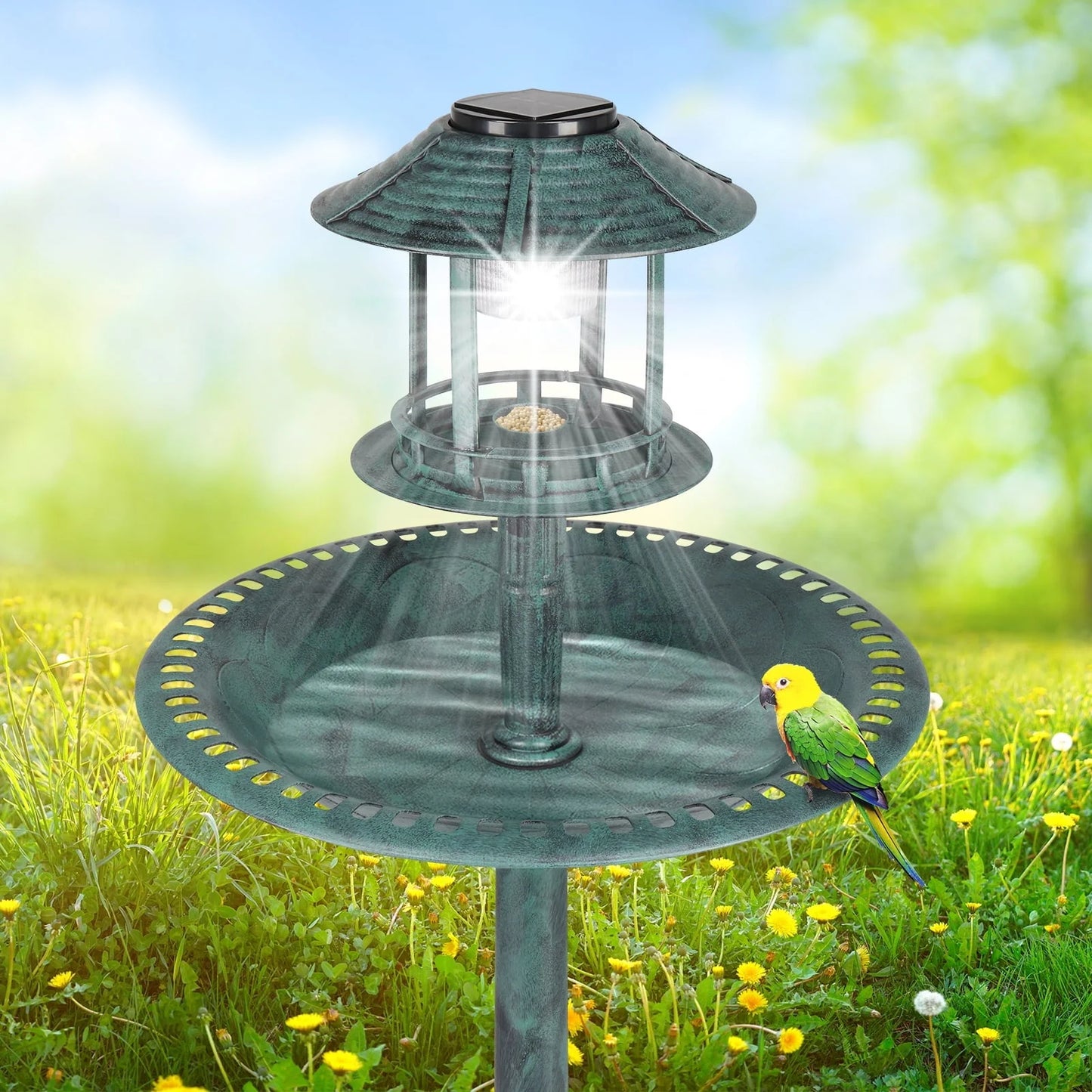 SamyoHome Wild Bird Bath Resin Pedestal Birdbaths with Solar Light Dark Green