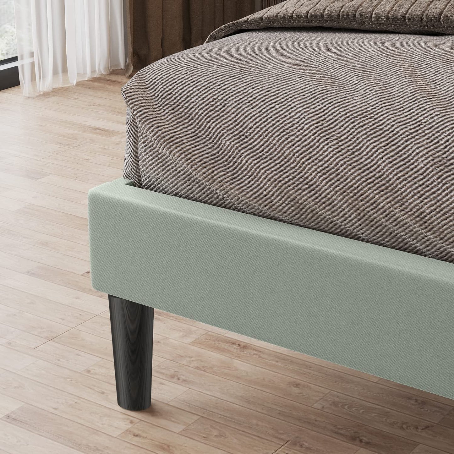 Bonsoir Queen Size Traditional Upholstered Low Profile Platform Bed Frame with Wing Back and Nail Trim Headboard/No Box Spring Needed/No Bed Skirt Needed/Soft Linen Fabric Upholstery/Light Green