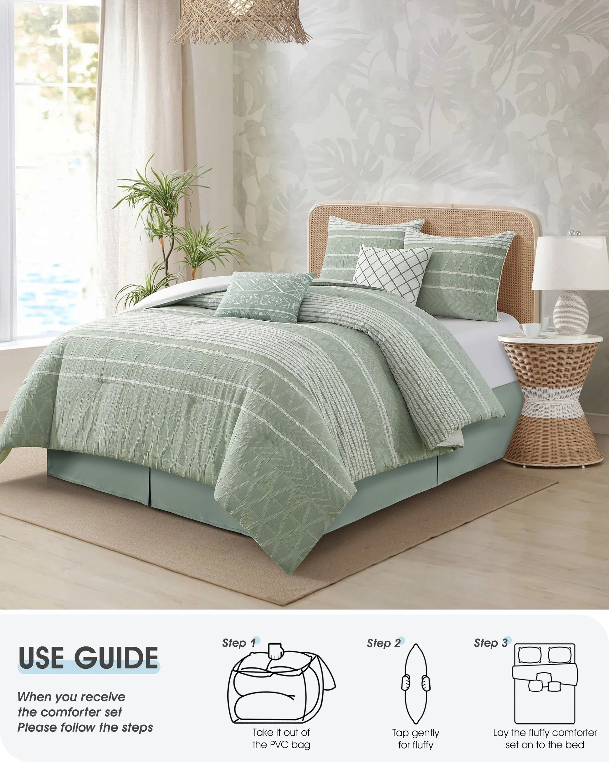 Lanco 100% Cotton Queen Size Comforter Set , 6 Piece , Beige Geometric Jacquard Bedding Set