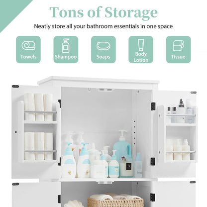 EUROCO Bathroom Floor Storage Cabinet,Bathroom Storage Unit,Freestanding Cabinet with 4 Doors,Adjustable Shelves,Adaptable Shelves,11.8 x 23.6 x 43.3 Inches,White