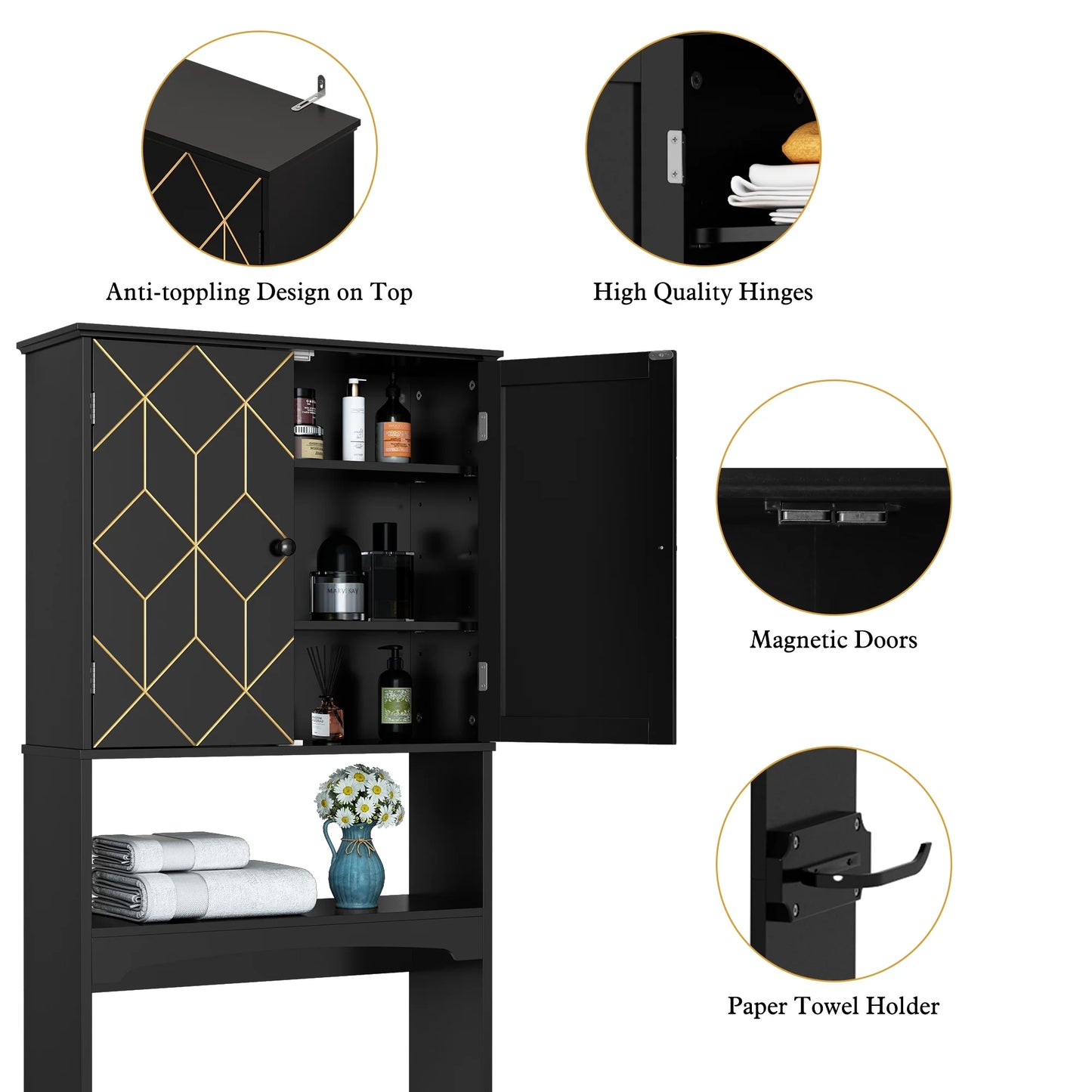 HLR Over The Toilet Storage Cabinet, Bathroom Above Toilet Storage Cabinet with Doors and Adjustable Shelves, Black