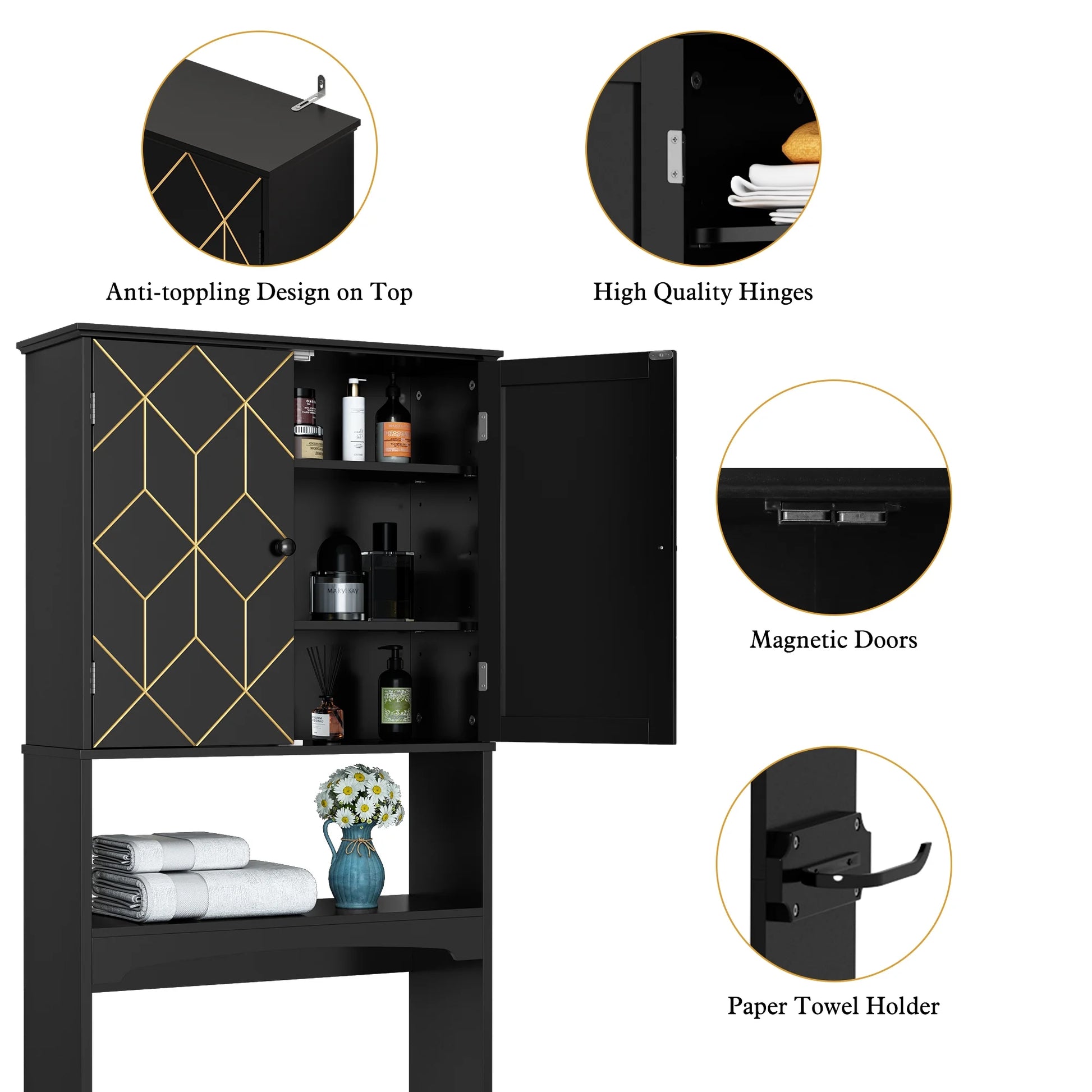 HLR Over The Toilet Storage Cabinet, Bathroom Above Toilet Storage Cabinet with Doors and Adjustable Shelves, Black