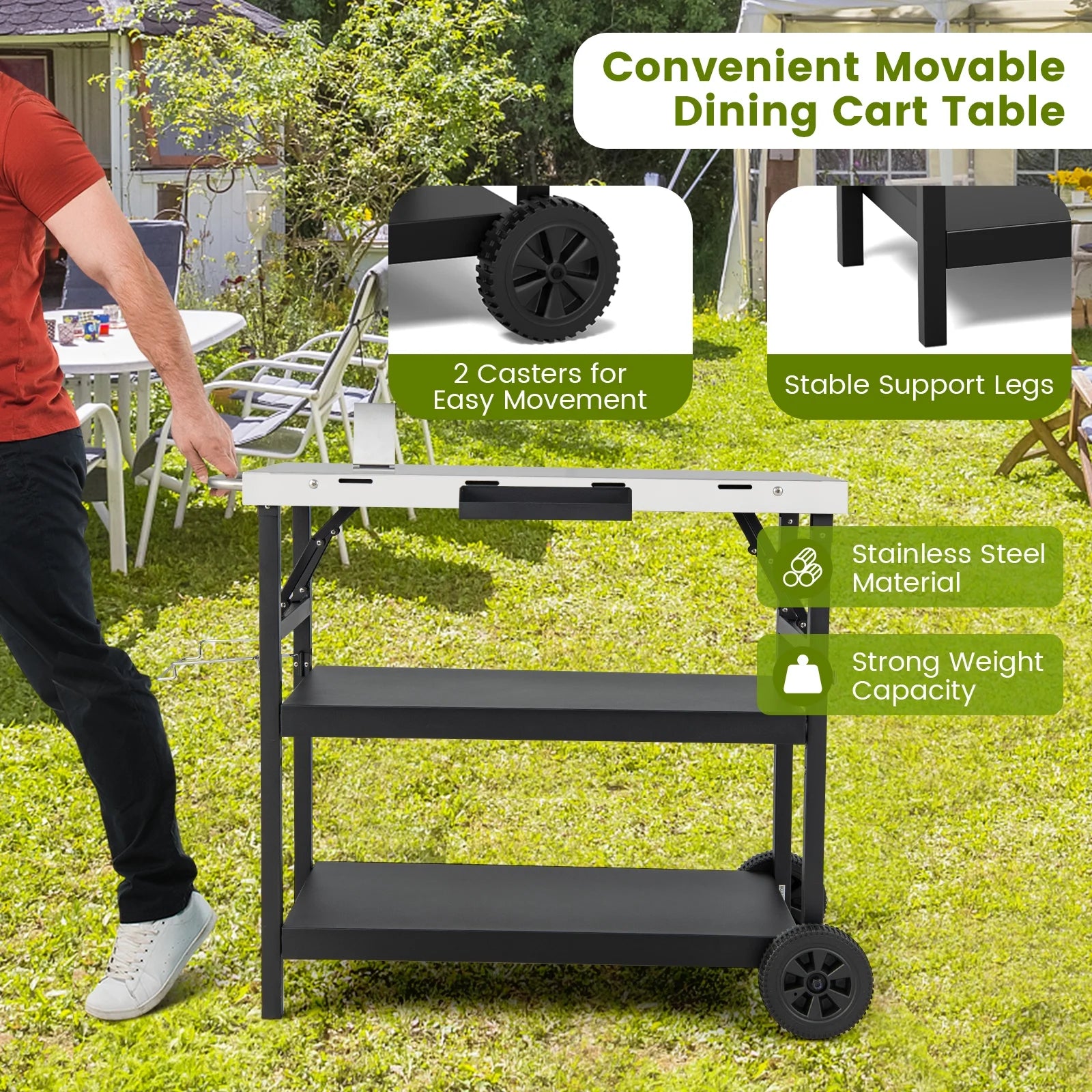 Topbuy Outdoor Food Prep Cart Table 3-tier Mobile Serving Trolley with Adjustable Shelf Phone Stand Spice Rack Towel Rack Garage Rack