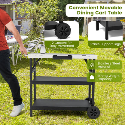 Topbuy Outdoor Food Prep Cart Table 3-tier Mobile Serving Trolley with Adjustable Shelf Phone Stand Spice Rack Towel Rack Garage Rack