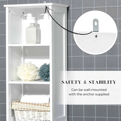 Tall Bathroom Storage Cabinet with Open Shelves and Vented Door, Slim Linen Cabinet for Compact Bathroom Organization, White and Oak Finish - Stockholm Collection
