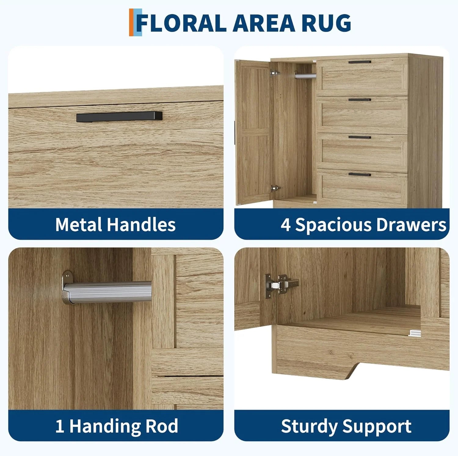 43.3" H Armoire Wardrobe Closet with 4 Drawers & Hanging Rod, Multifunctional Wood Storage Cabinet for Bedroom, Natural Oak