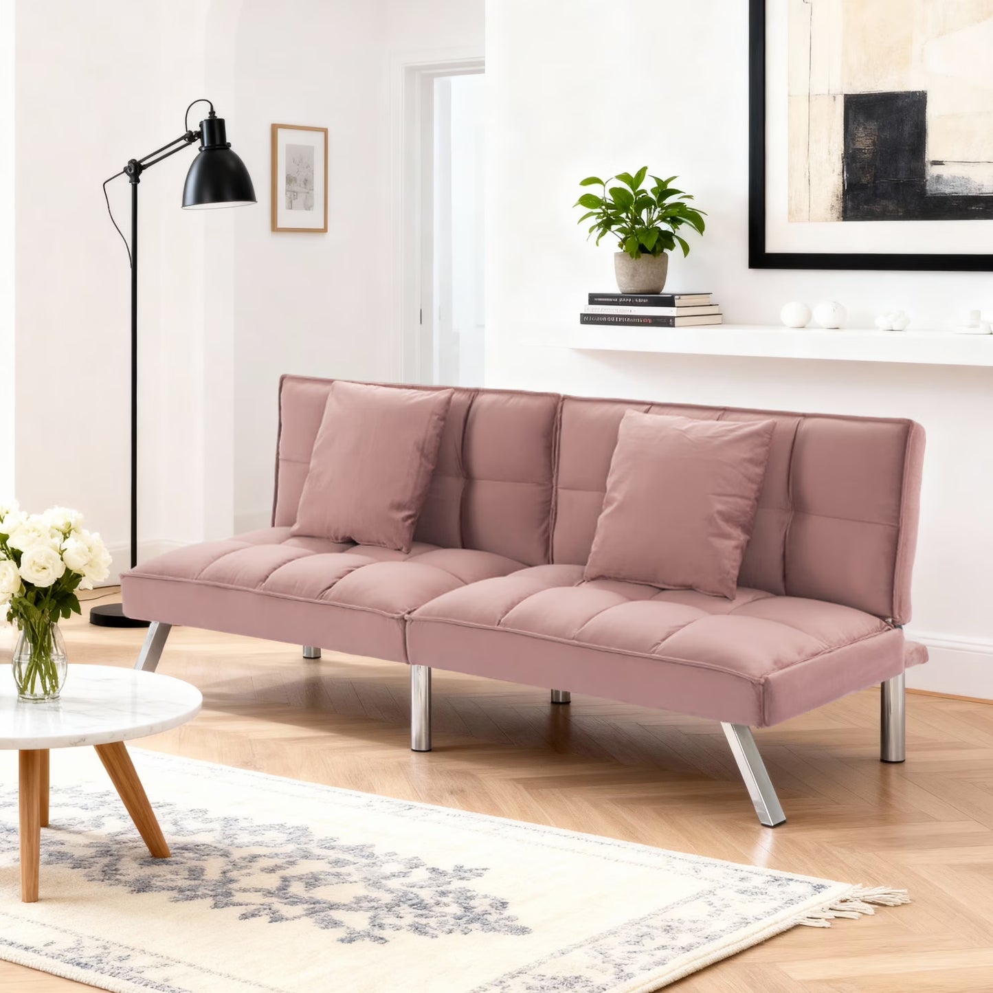 Gewnee Modern Velvet Futon Sofa Bed,67.7" Convertible Sleeper Sofa Bed with Throw Pillows Adjustable Backrest Angles,Loveseat for Small Place,Olive