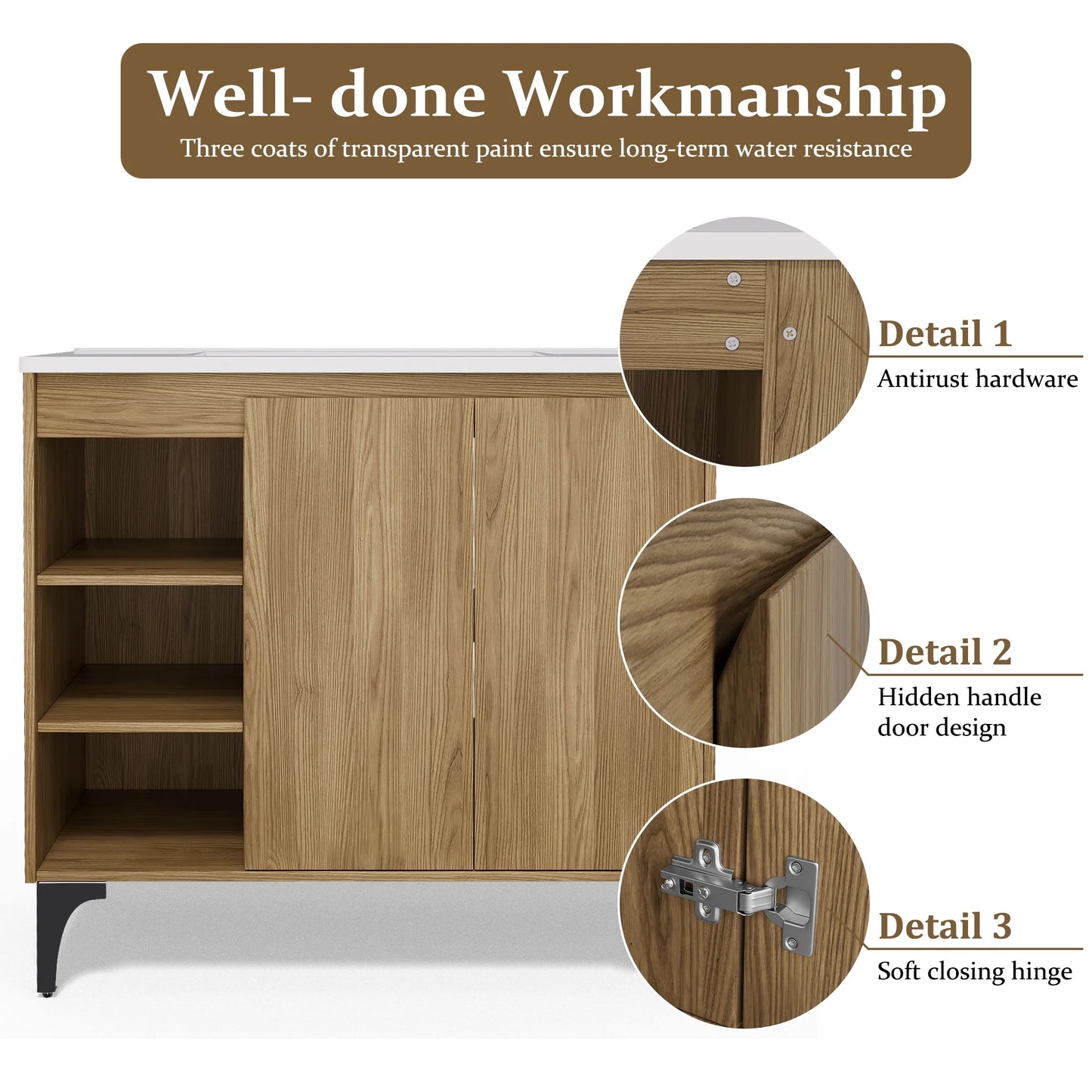 JUSTLET 36" Bathroom Vanity with Sink, Wood Bathroom Vanity Cabinet with Adjustable Shelf and Metal Legs, Bathroom Storage Cabinet with Resin Basin for Bathroom, Natural