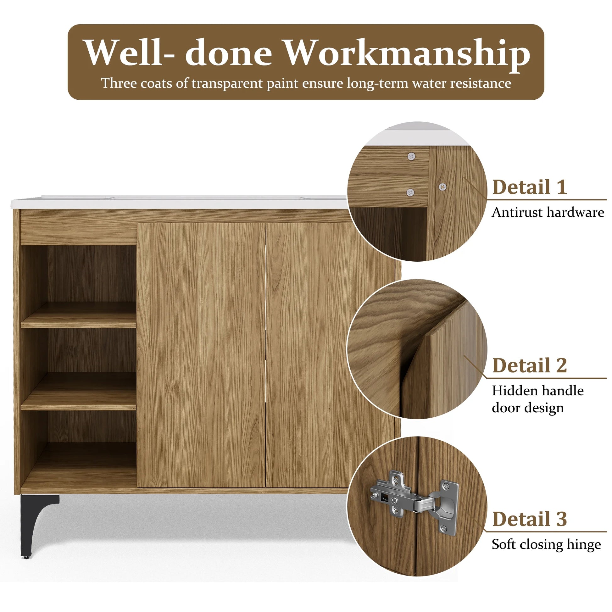 JUSTLET 36" Bathroom Vanity with Sink, Wood Bathroom Vanity Cabinet with Adjustable Shelf and Metal Legs, Bathroom Storage Cabinet with Resin Basin for Bathroom, Natural