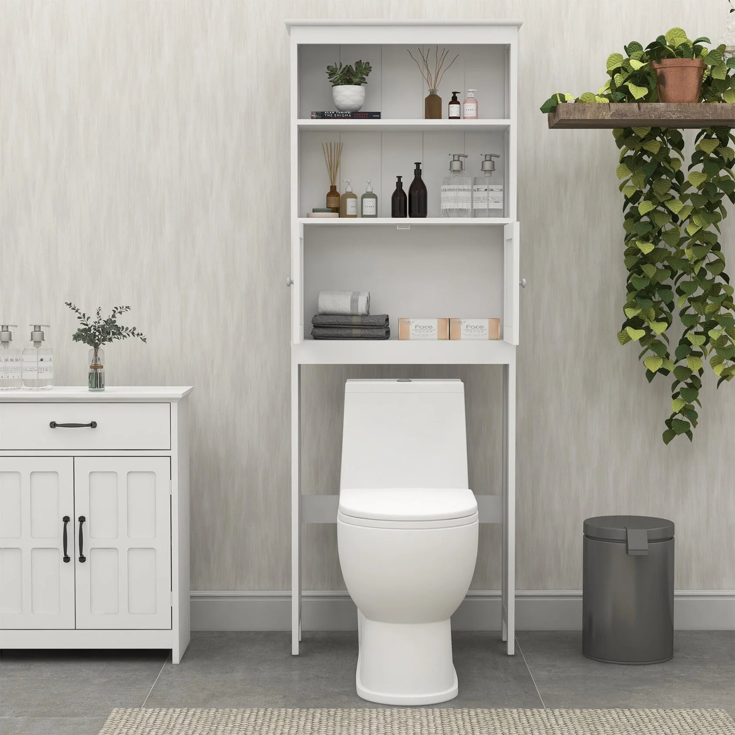 Over The Toilet Storage Cabinet, Over Toilet Bathroom Organizer with Storage Shelf & 2 Open Cabinet, 3-Tiers Bathroom Over Toilet Storage, Over The Toilet Storage Shelf for Bathroom, Laundry, White