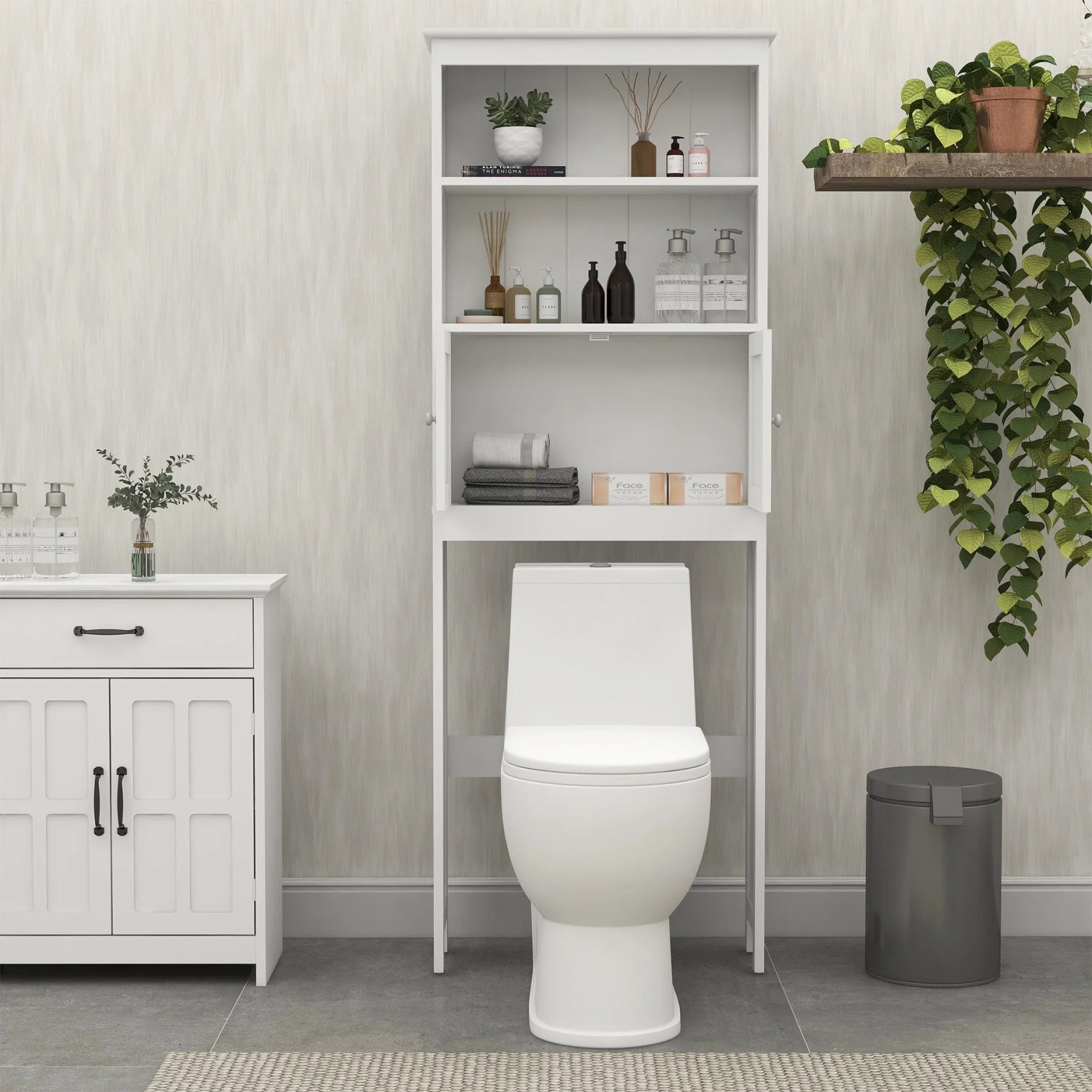 Over The Toilet Storage Cabinet, Over Toilet Bathroom Organizer with Storage Shelf & 2 Open Cabinet, 3-Tiers Bathroom Over Toilet Storage, Over The Toilet Storage Shelf for Bathroom, Laundry, White