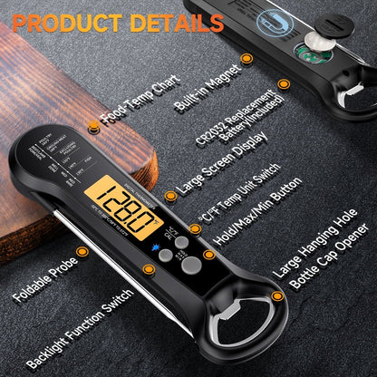 Digital Meat Thermometer with Folding Probe, IPX7 Waterproof Food Thermometer for Cooking, Instant Read Thermometer with LED Backlit Display, Bottle Cap Opener for Kitchen, BBQ, Grill