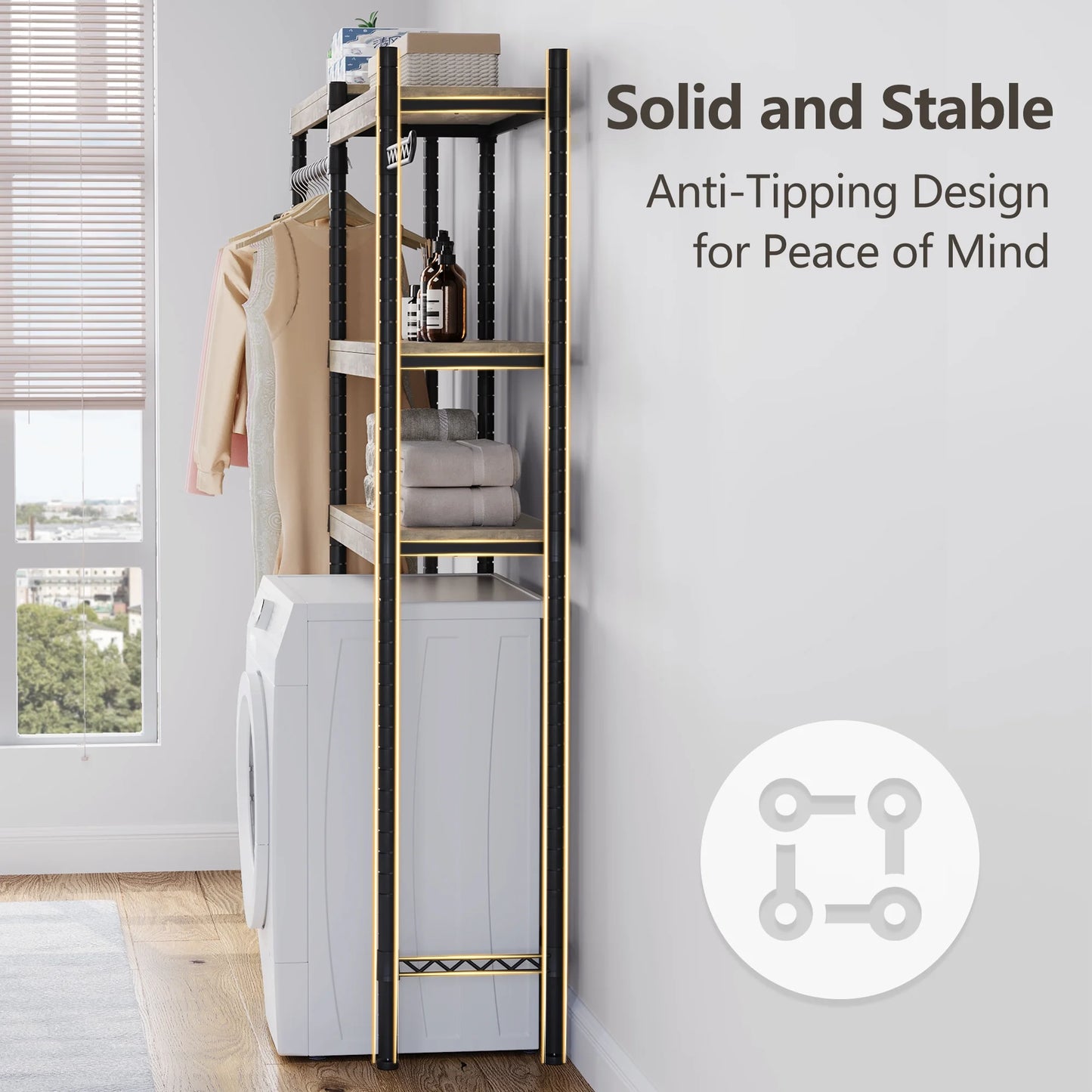 5 Tier Wood Over The Washer and Dryer Storage Shelf, Adjustable Height Laundry Drying Clothes Racks Bathroom Shelf