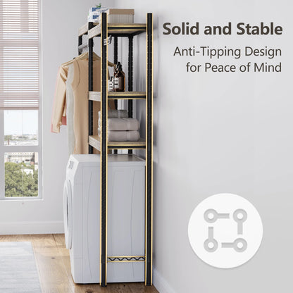 5 Tier Wood Over The Washer and Dryer Storage Shelf, Adjustable Height Laundry Drying Clothes Racks Bathroom Shelf