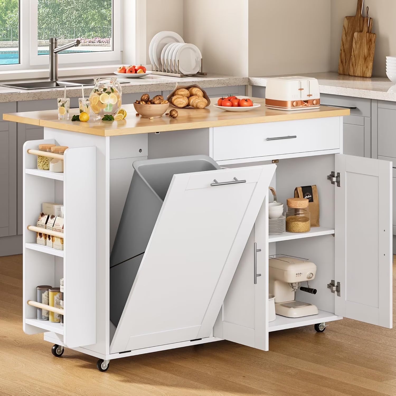 SELOOYE Kitchen Island Cart with Storage, Rolling Side Table, Large Worktop, Cabinet, Towel Rack, Drawers