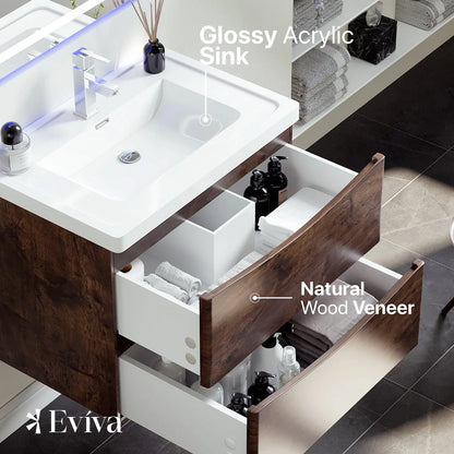 Eviva Smile 30" White Oak Wall Mount Modern Bathroom Vanity w/White Integrated Top