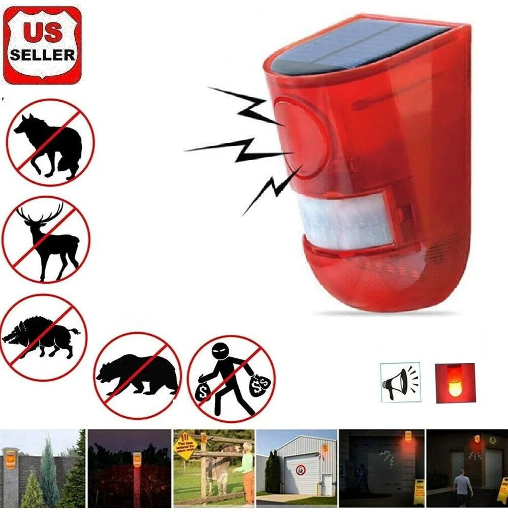 LINKPAL Solar Motion Sensor Detector Siren Sound Alarm LED Warning Strobe Flashing Red Light Security Outdoor Device for Home Warehouse Farm