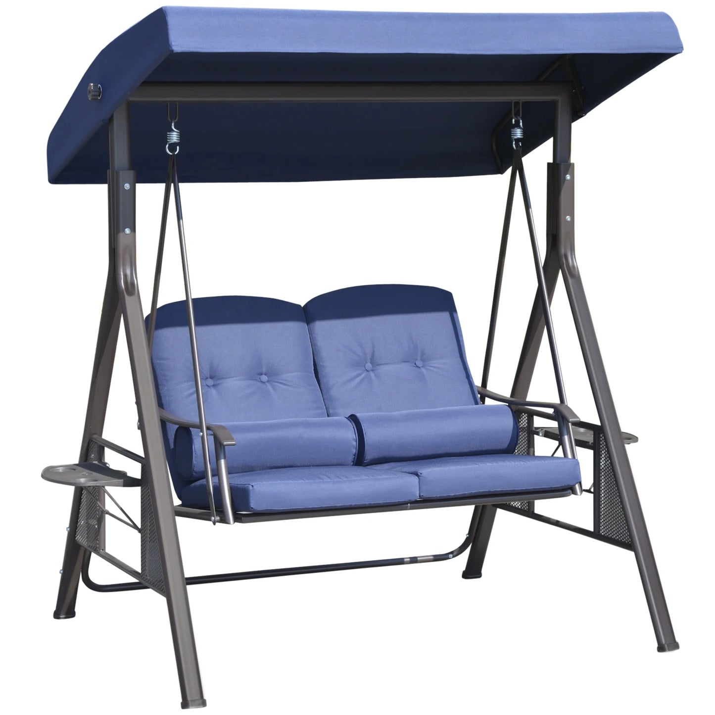 Outsunny 2-Person Patio Swing Bench with Adjustable Shade Canopy, Soft Cushions, Throw Pillows and Tray, Beige.