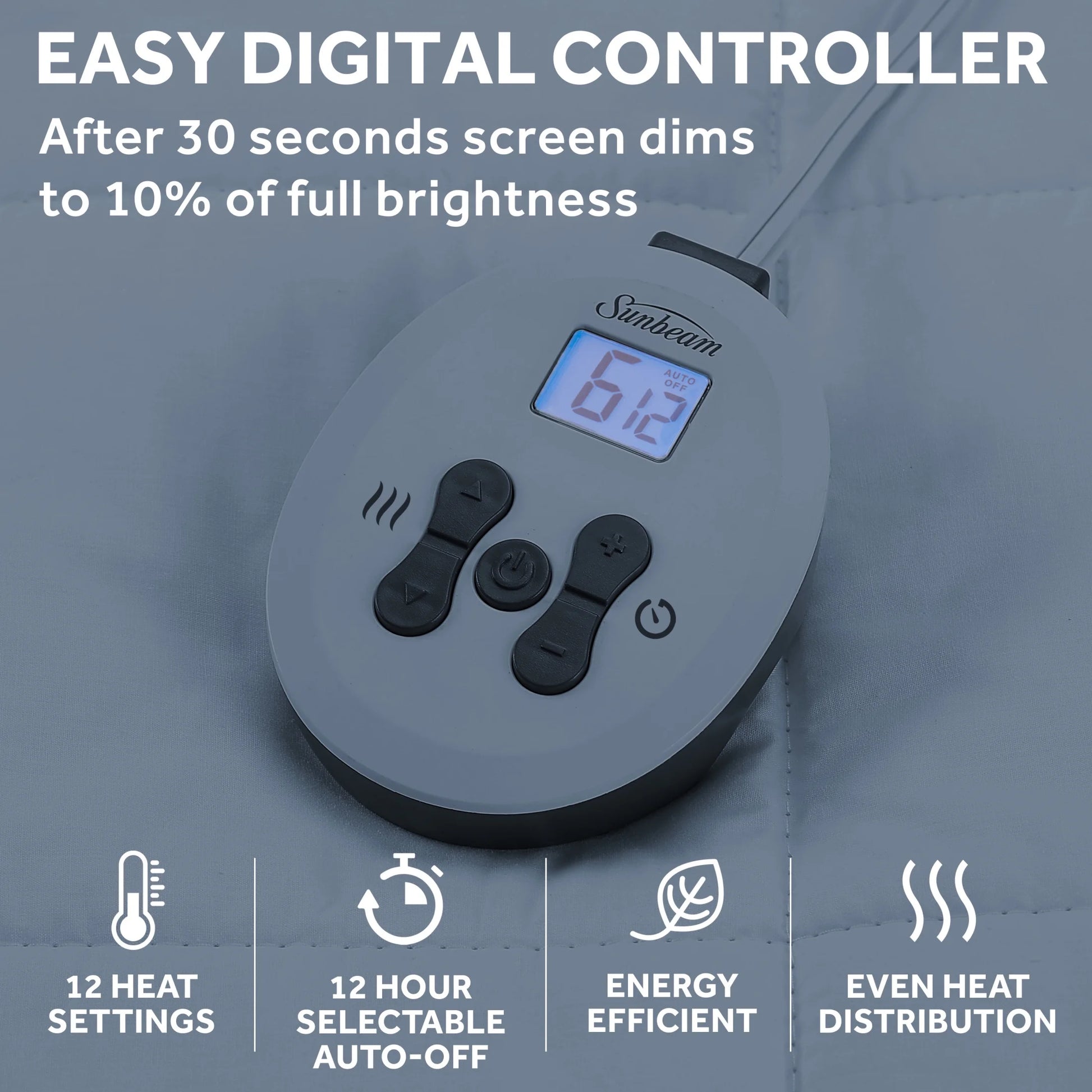 Sunbeam Restful Quilted Electric Heated King Size Mattress Pad, 76" x 80", 12 Heat Settings, 12-Hour Selectable Auto-Off, Machine Washable