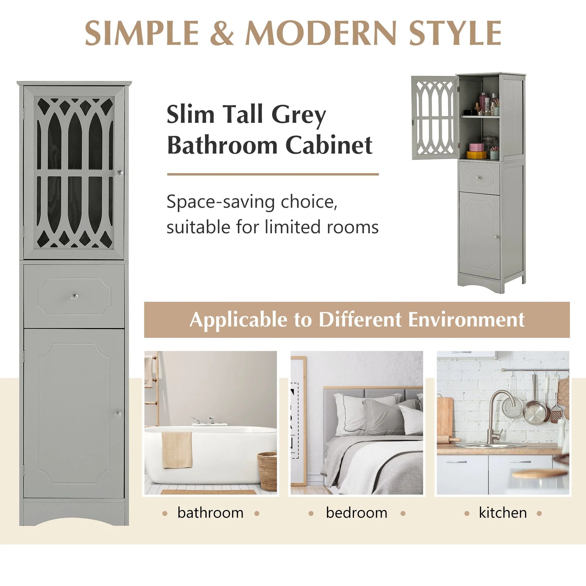 DEALTOPS Modern Bathroom Cabinet with Drawer and 2 Cabinets, Slim Freestanding Storage Cabinet with adjustable shelf for Bathroom - Gray