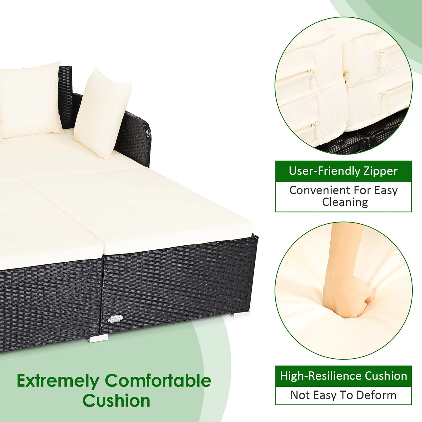 Costway Outdoor Patio Rattan Daybed Pillows Cushioned Sofa Furniture Beige