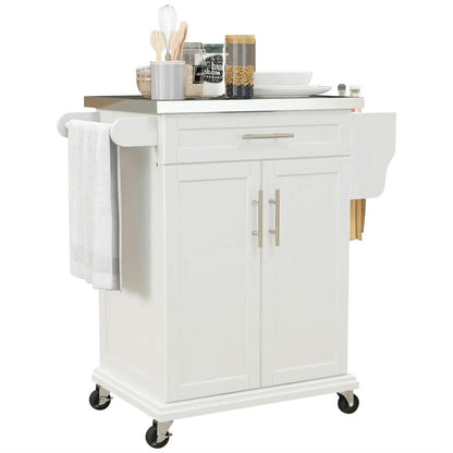 Finihen 35" Kitchen Island Cart on Wheels with Stainless Steel Top, Rolling Dining Room Serving Utility Carts Mobile Movable with Towel Rack, Blue