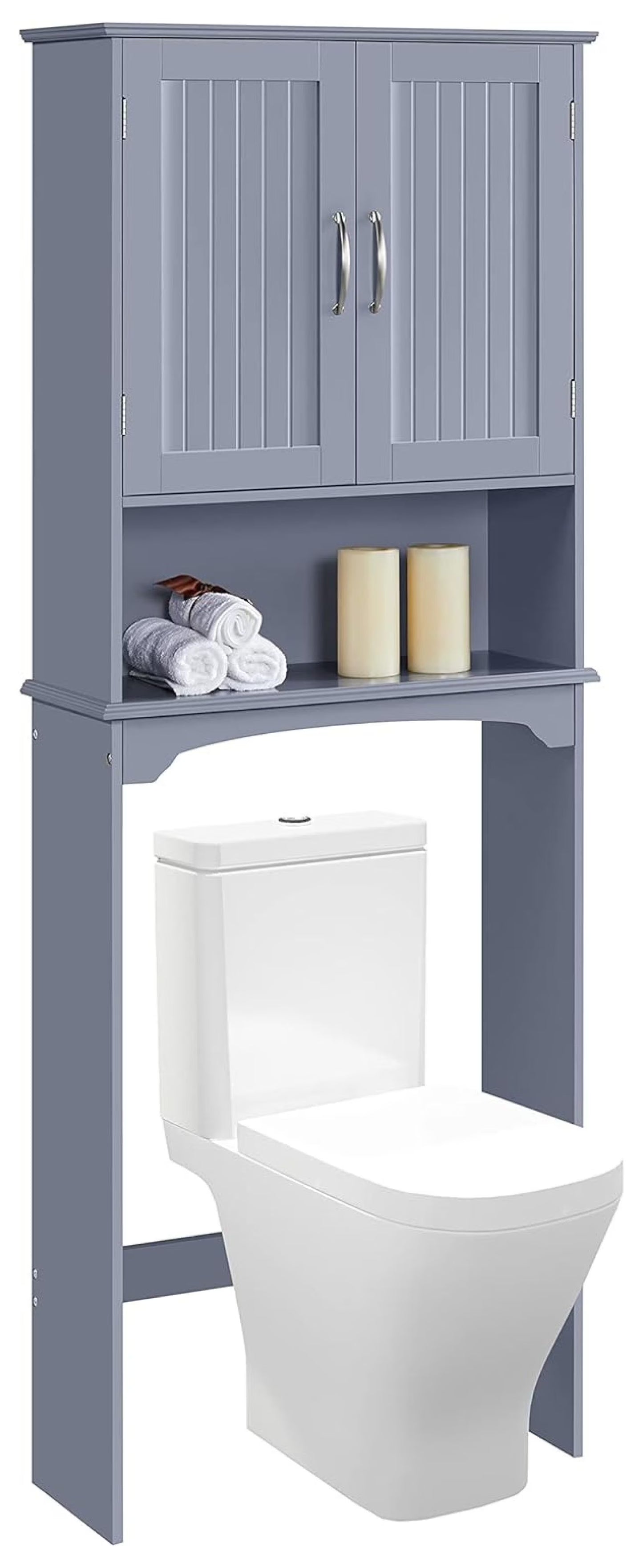 Over The Toilet Storage, Bathroom Storage Organizer with 2 Doors and Adjustable Shelf, L24.5xW9xH66 Inches, Gray