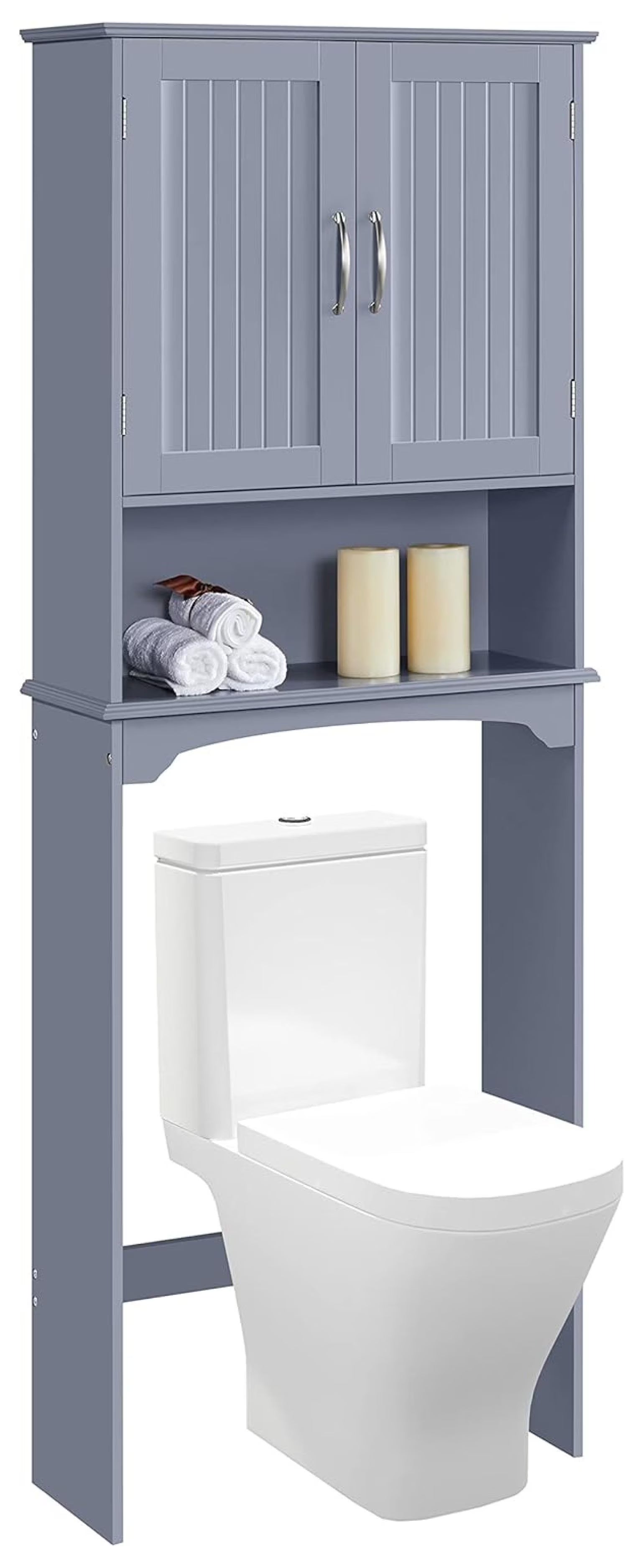 Over The Toilet Storage, Bathroom Storage Organizer with 2 Doors and Adjustable Shelf, L24.5xW9xH66 Inches, Gray