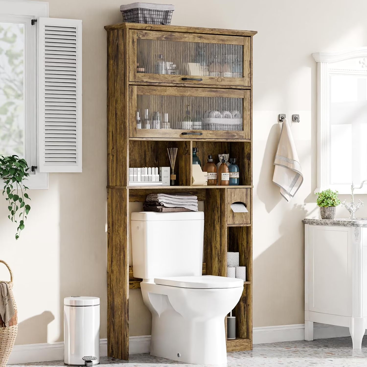 Over The Toilet Storage Cabinet with Transparent Door, Toilet Paper Storage Cabinet with Multi Layer Shelves Suitable for Bathroom, Laundry Room, Freestanding Bathroom Storage Rack,Brown
