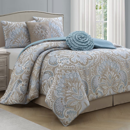Lanco Luscious Diane 6-Piece Reversible Comforter Bedding Set, California King, Blue Gold, Fill Material Polyester, Floral