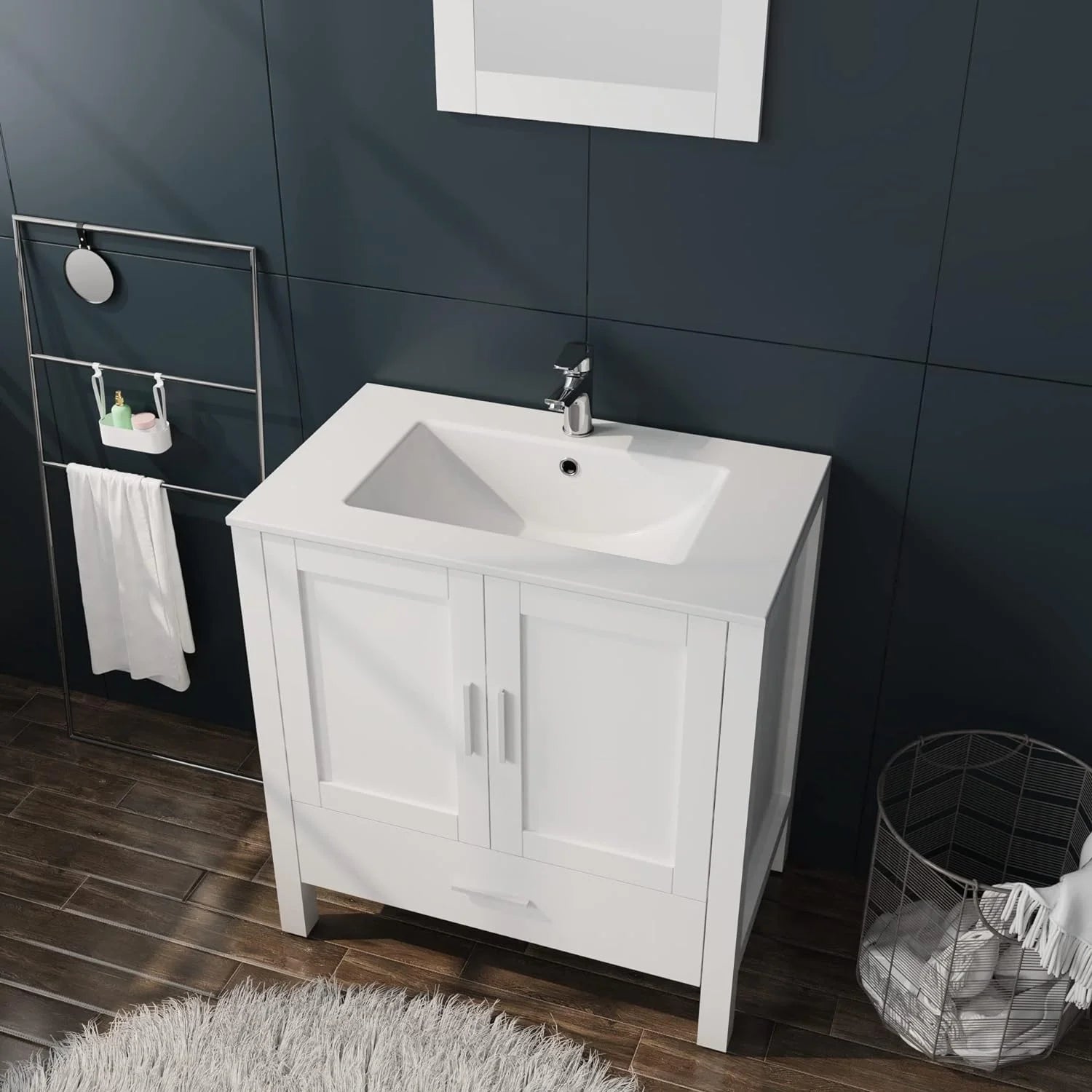 Goodyo 30" White Bathroom Vanity and Sink Combo Modern Drop in Sink Bathroom Cabinet with Mirror and Drain