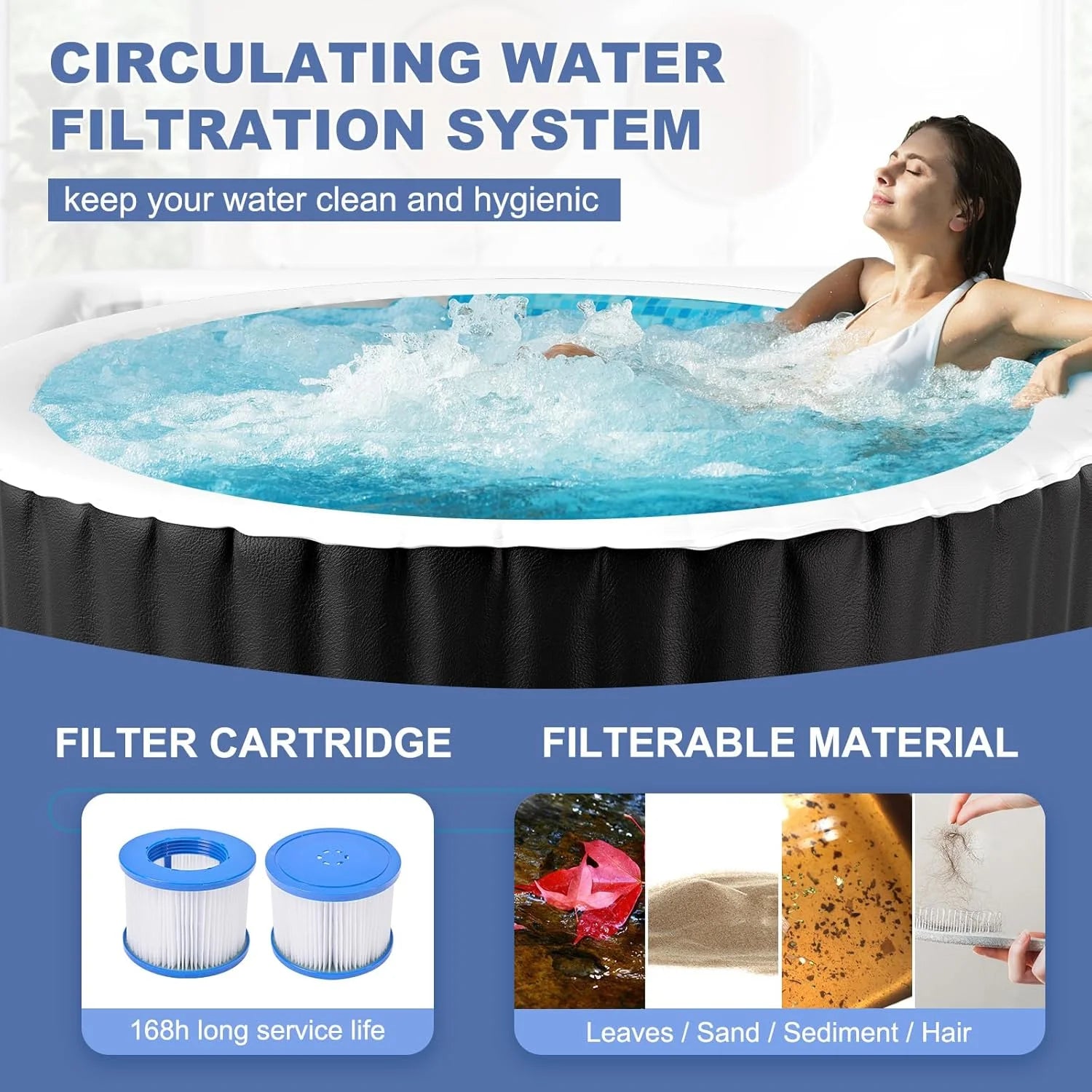 73 inch Outdoor Inflatable Hot Tub with 130 Bubble Air Jets, 4-6 Person Square Portable Hottub Spa with LED Control Panel, Blow Up Spa Bathtub with 2 Filter, Temperature up to 104° F