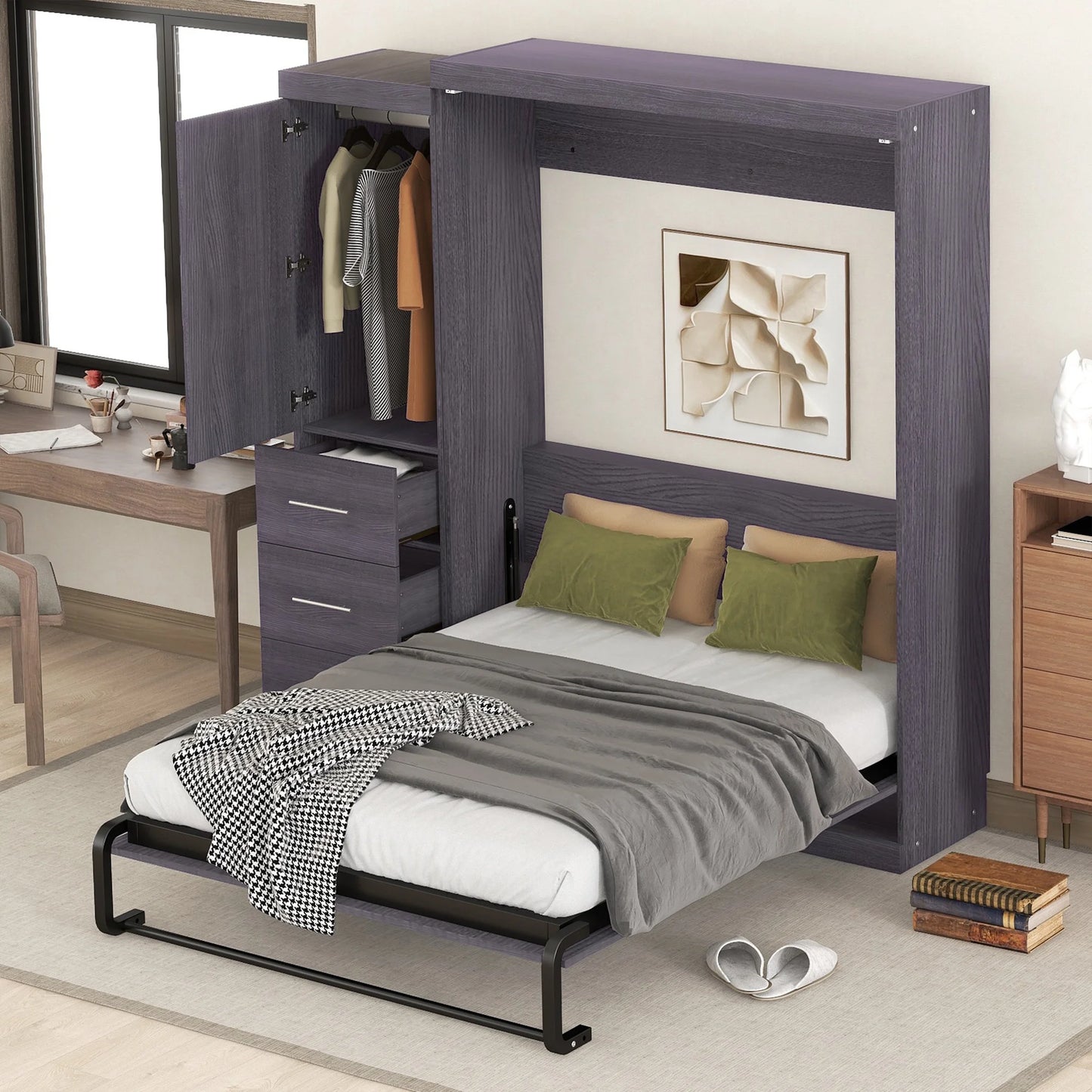 Euroco Wood Full Size Murphy Wall Bed with Wardrobe and Drawers for Living Room, Moveable Wardrobe and Drawers, Space-Saving & Easy Open and Close for Kids Teens Adults, Gray