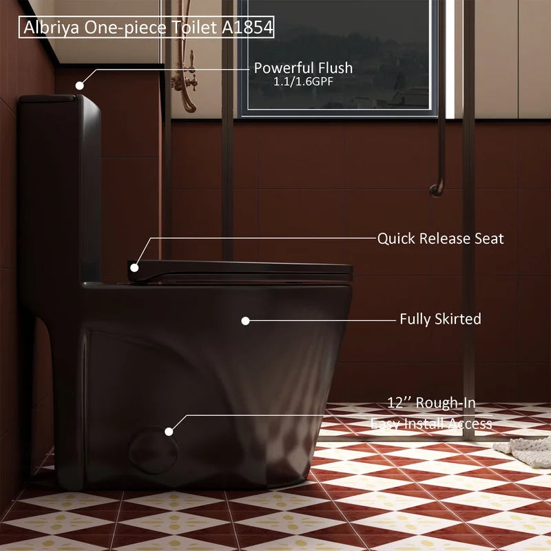 Albriya A1854 One Piece Toilet, Modern Elongated Toilet Power Dual Flush 1.1/1.6 GPF with Comfortable Chair Seat ADA Height 16 1/4’for Bathroom, 12’Rough-In, MaP 1000g, Grey