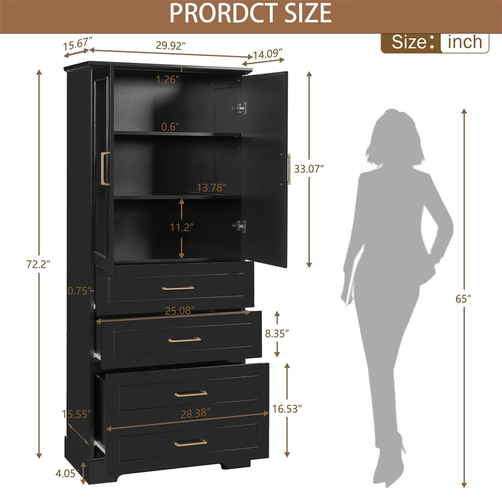 WGYPRIME 72.2'' Tall Bathroom Storage Cabinet, Freestanding Bathroom Floor Cabinet with 1 Doors and 3 Drawers, Modern Elegant Style Floor Cabinet w/Adjustable Shelf