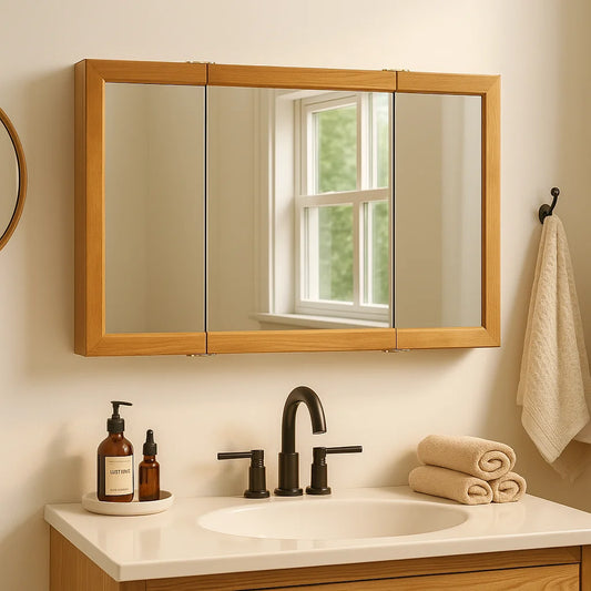 Design House 48" Wood Mirrored Wall Mount Bathroom Medicine Cabinet, Nutmeg Oak