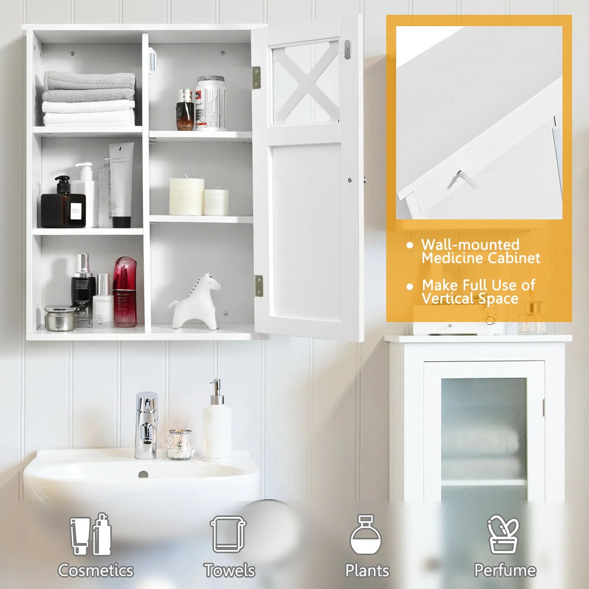 Costway Wall-Mounted Cabinet Bathroom Storage 2-Tier Shelf Multipurpose Organizer White